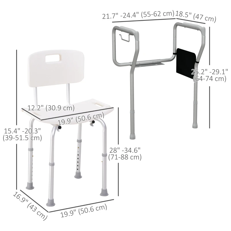 HOMCOM Shower Chair and Toilet Safety Rail Set, Height Adjustable Bath Chair, Width and Height Adjustable Toilet Rail, Assist Grab Bar for Seniors, Easy Installation