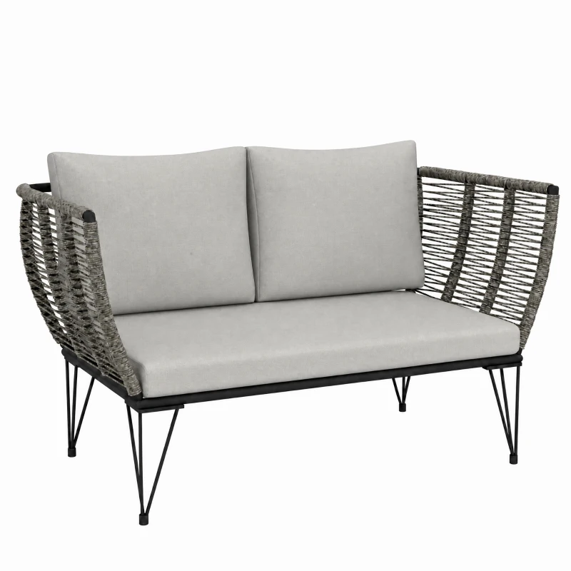 Outsunny Outdoor Couch Patio Sofa with Cushions, 2 Seater Patio Furniture Loveseat with Galvanized Steel Frame, Light Grey