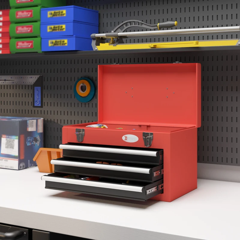 DURHAND 3 Drawer Tool Chest with Metal Latch Closure, Portable Tool Box for Garage, Household and Warehouse, Red