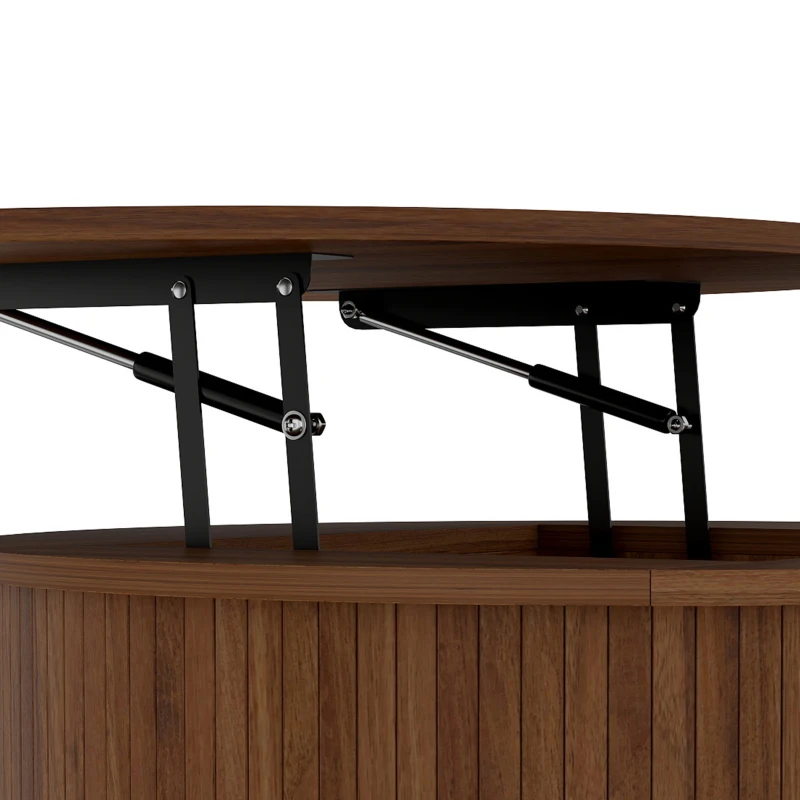 HOMCOM Lift Top Coffee Table, Modern Fluted Round Coffee Table with Layered Storage and Tambour Sliding Door, Walnut Brown