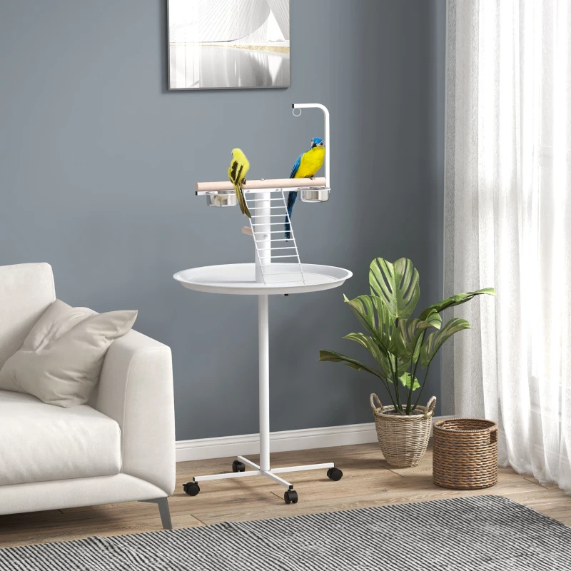 PawHut Bird Stand with Wheels, Perches, Feed Bowls, Round Tray for Parrot