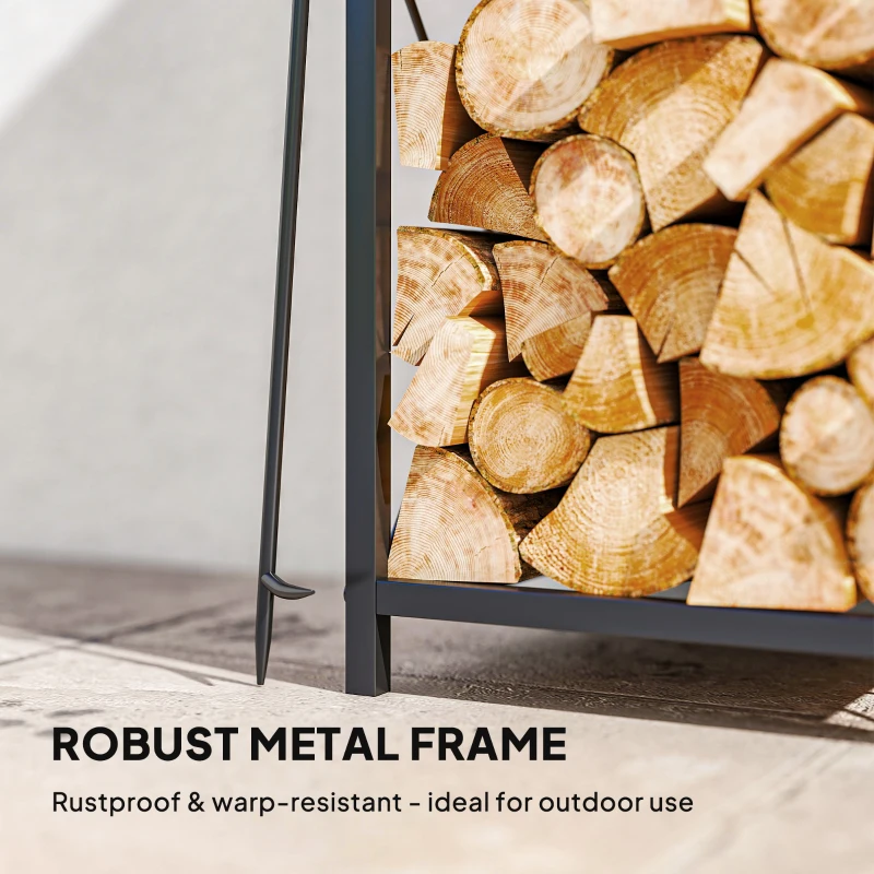 Outsunny Firewood Rack with 4 Fireplace Tools, 2-Tier Metal Log Holder with Hooks, 132 lbs Capacity for Indoor Outdoor, Black