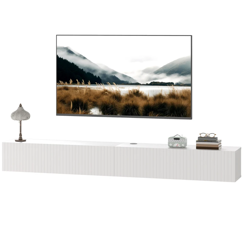 HOMCOM 71" Floating TV Stand for TVs up to 72 Inch, Wall Mount Media Console with 2 Fluted Flip-Down Doors, Cable Hole, White