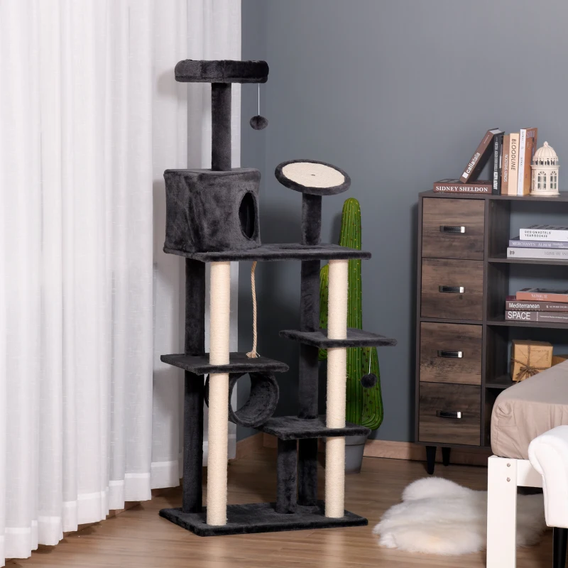 PawHut 67.75" Cat tree Tower Climbing Kitten Activity Center Furniture with Jute Scratching Post Pad Condo Perch Hanging Balls Tunnel Teasing Rope Dark Grey