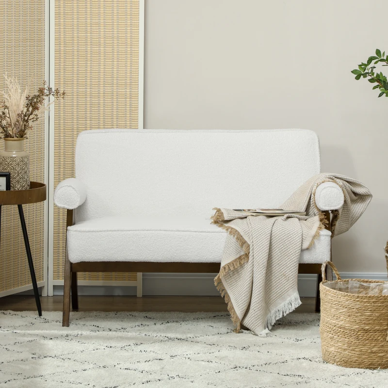 HOMCOM Boucle Fabric 2 Seater Sofa, Small Sofa Loveseat with Thick Padding and Wood Legs, Cream White