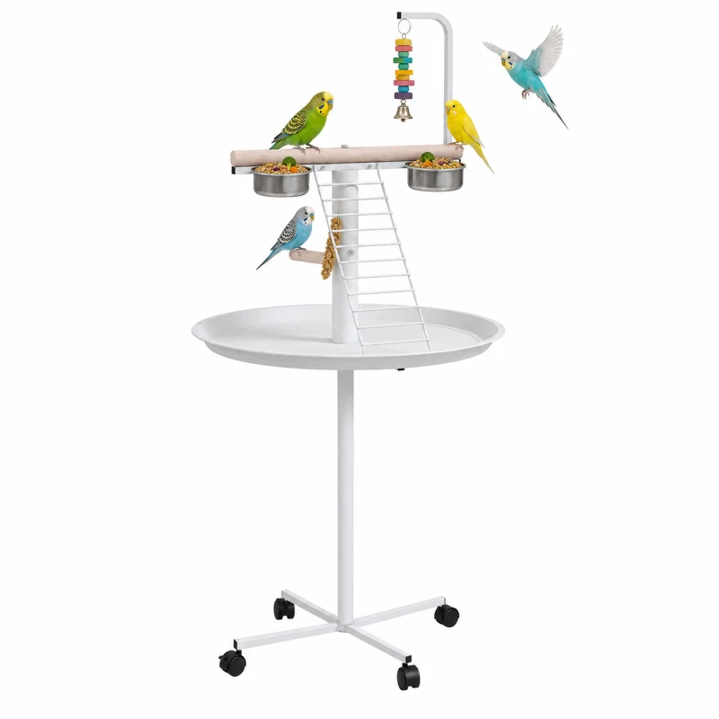 PawHut Bird Stand with Wheels, Perches, Feed Bowls, Round Tray for Parrot