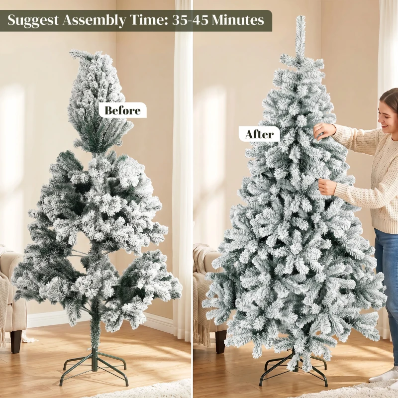 HOMCOM 6ft Snow Flocked Christmas Tree with 650 Branch Tips, Hinged Design, Artificial Fir Xmas Tree, Green and White