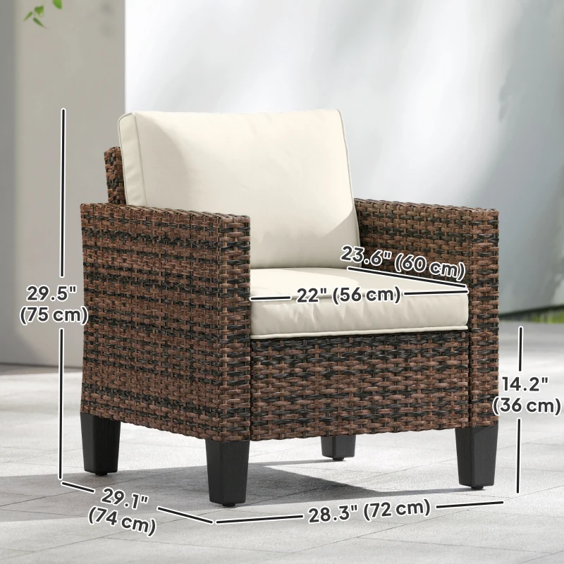 Outsunny Single Outdoor Wicker Chair, Rattan Patio Chair with Armrests and Cushions for Balcony, Porch, Deck, Cream White