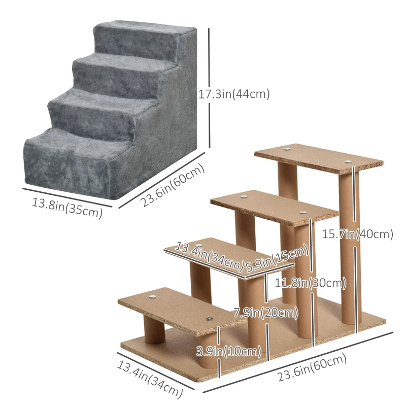 PawHut 4-Step Dog Ramp for Sofa, Bed, and Couch, with Removable Cover, Light Grey