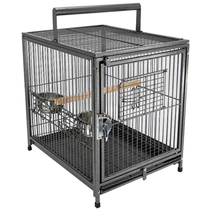 PawHut 18" Heavy Duty Wrought Iron Travel Bird Cage Carrier With Handle Perch And Accessories - Black
