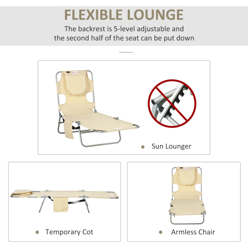 Outsunny Folding Outdoor Lounge Chair, 5-Level Tanning Chair with Face Hole, Side Pocket, Carry Strap for Beach Pool, Beige