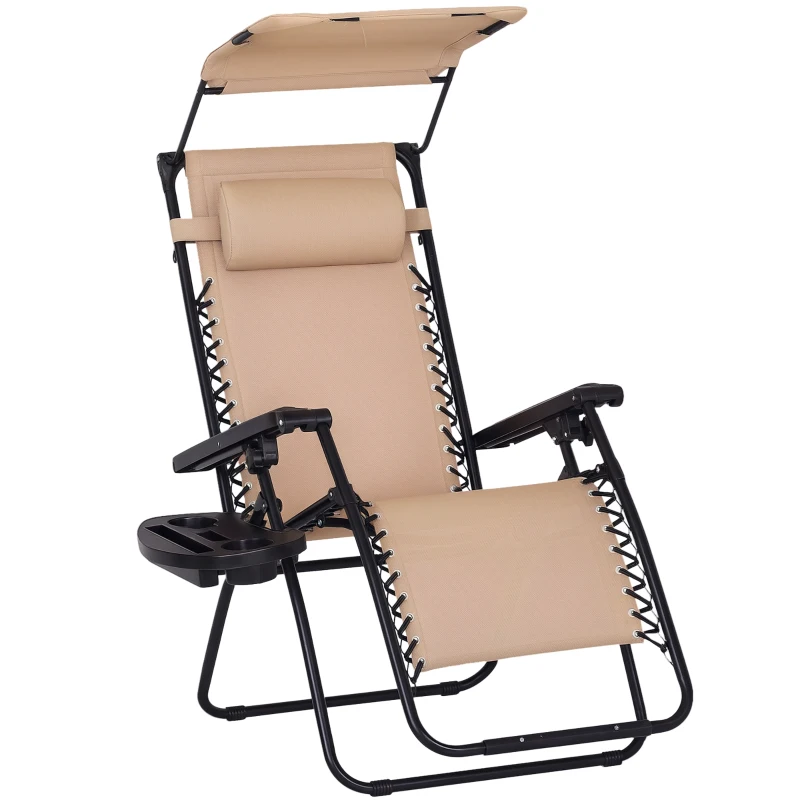 Outsunny Outdoor Zero Gravity Reclining Lounger Chair with Canopy Shade, Side Tray, Cupholder, Beige