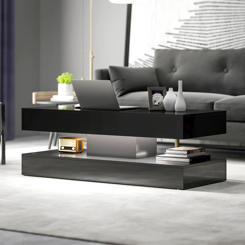 HOMCOM Coffee Table with Adjustable LED Lights, Modern Living Room Table with 2 Drawers, Open Shelf, Remote, High Gloss Black