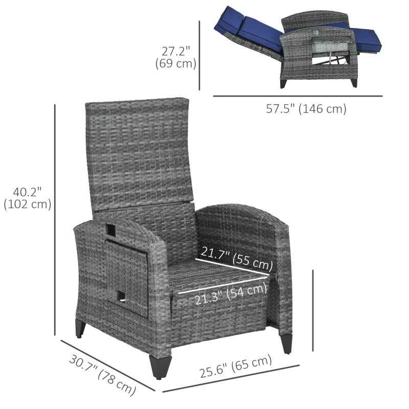 Outsunny Outdoor Recliner Chair with Adjustable Backrest, Cushion, Side Tray, Dark Blue