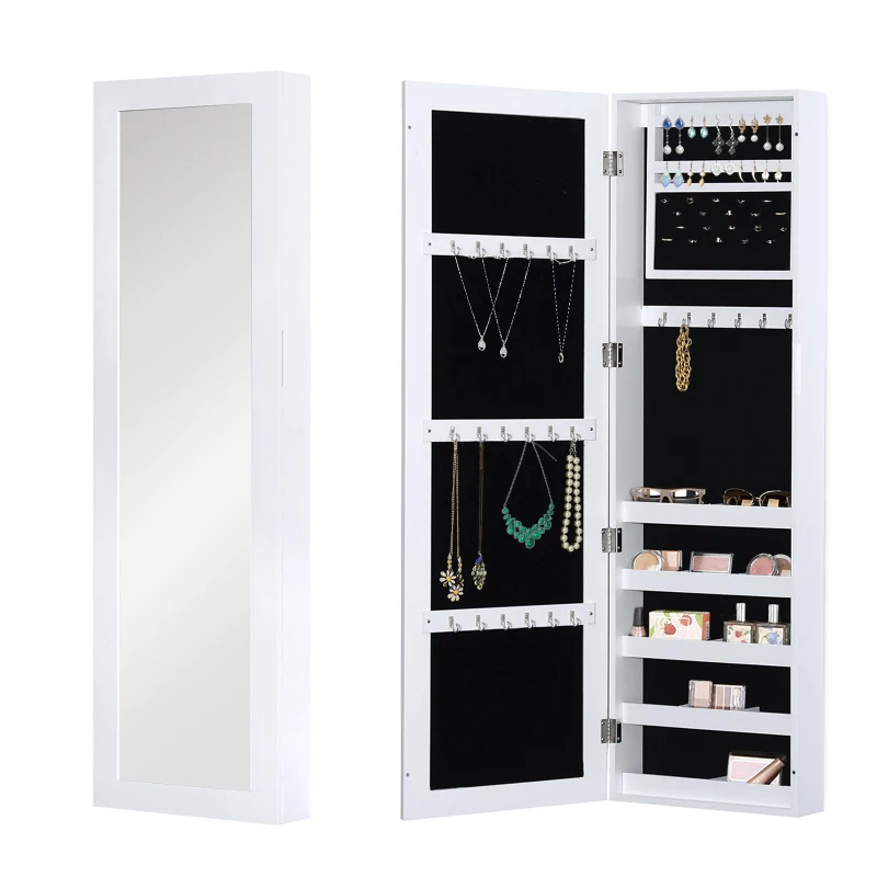 HOMCOM Mirror Jewelry Cabinet Armoire with Full Length Mirror, Wall Mounted Jewelry Organizer, White