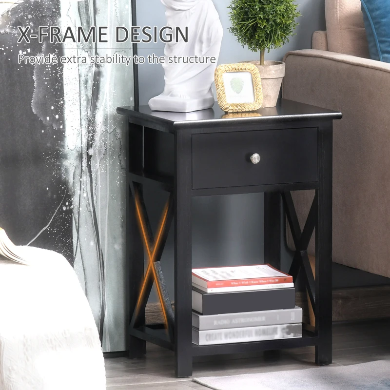 HOMCOM Wooden End Table Narrow Small Nightstand with Drawers Side Table for Bedroom, Black