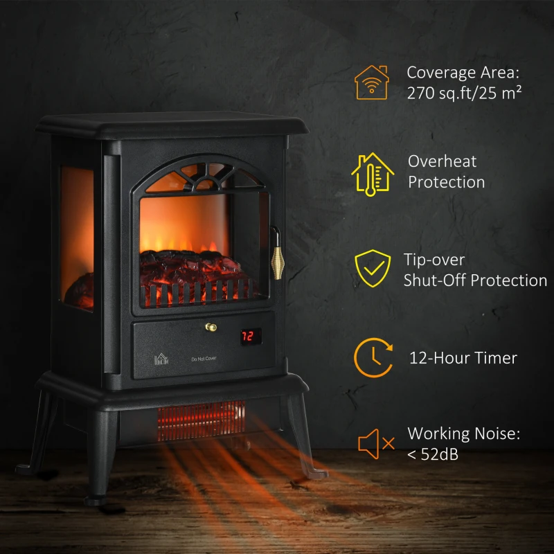 HOMCOM 22" Infrared Electric Fireplace Stove, Freestanding Fireplace Heater with 3D Flame Effect, Adjustable Temperature, Timer, 1000W/1500W, Black