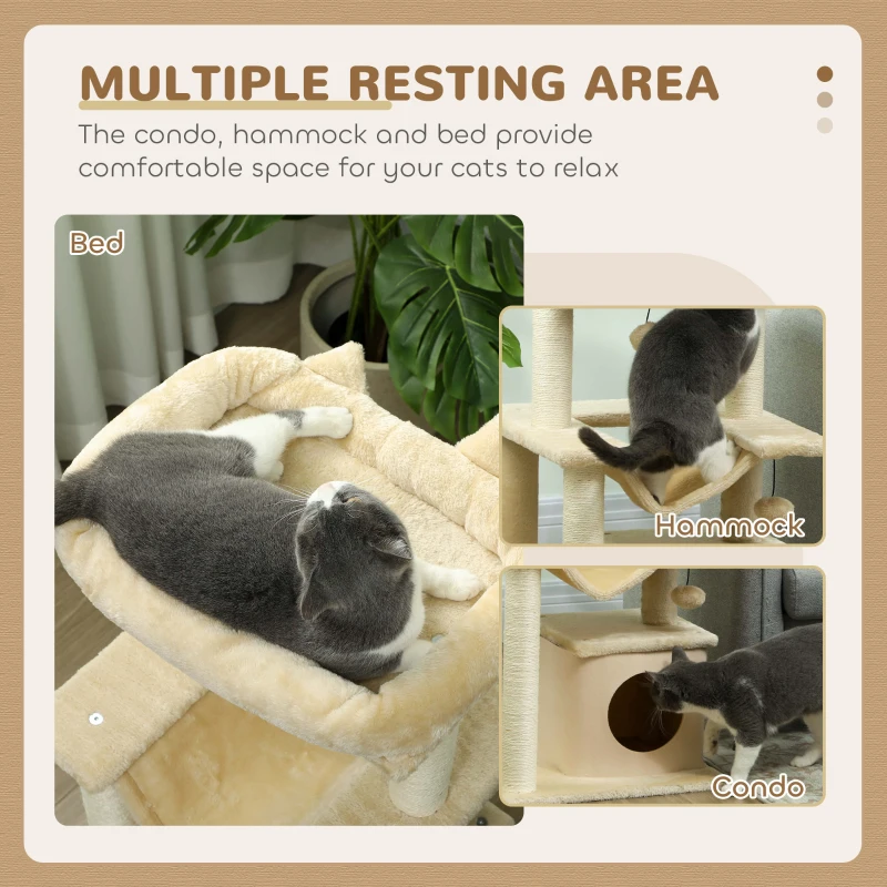 PawHut 39.25'' Cat Tree Tower Multi-Level Kitten House with Scratching Post Condo Hammock Bed Ball Toy - Beige