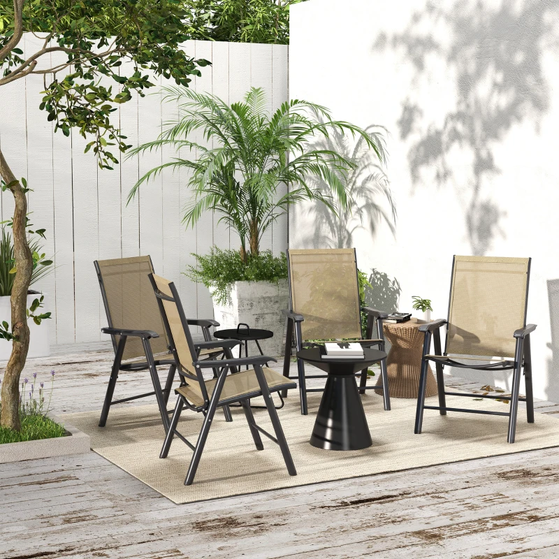 Outsunny 4-Piece Folding Chair Set for Relaxing on Patio Balcony Garden, Comfortable Outdoor Furniture with Armrests, Brown