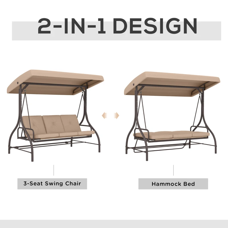 Outsunny Convertible Patio Swing Bed with Canopy and Cushions, 3 Seater Porch Swing for Outdoor, Backyard, Garden, Khaki