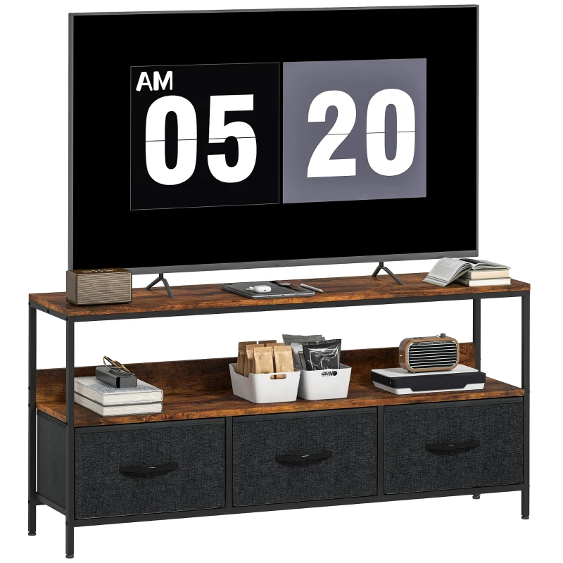 HOMCOM TV Stand with Charging Station, TV Table with 3 Foldable Linen Drawers and Open Shelf for 55 Inch Television, Rustic Brown