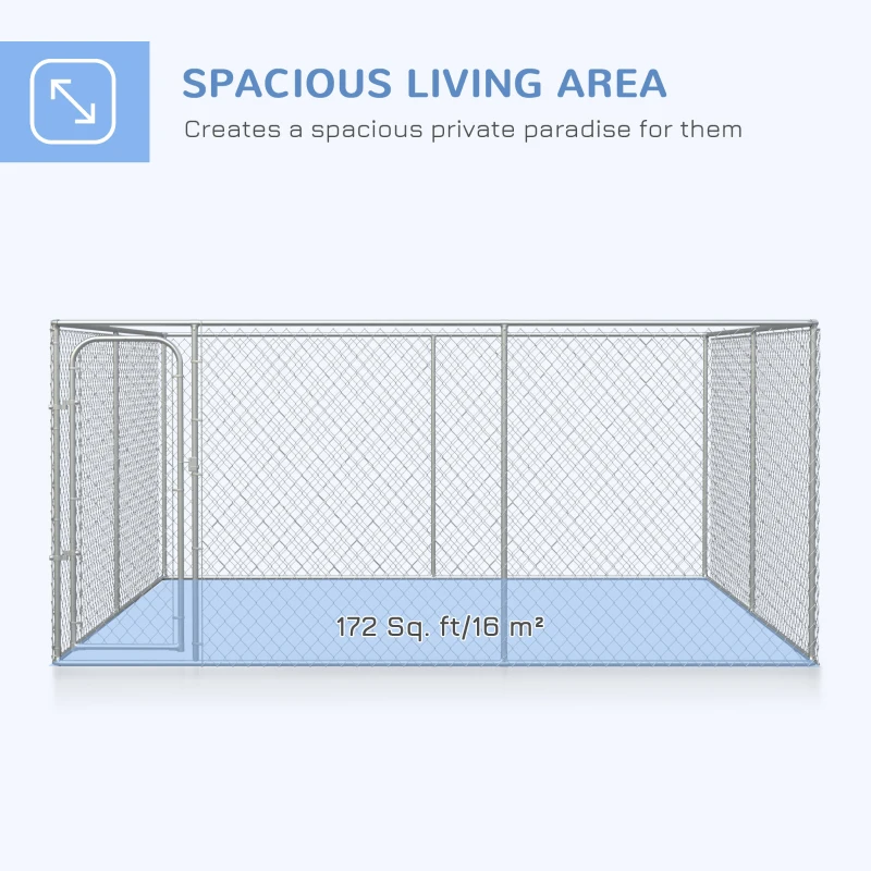 PawHut Dog Kennel Outdoor Galvanized Chain Link Fence Heavy Duty Pet Run House Chicken Coop with Secure Lock Mesh Sidewalls for Backyard Garden Silver, 13' L x 13' W x 5.9' H