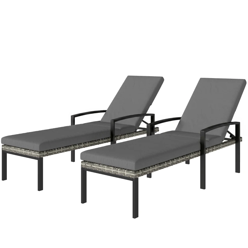 Outsunny Chaise Lounge Chairs Outdoor, Set of 2 Wicker Patio Lounge Chairs with 5-Level Adjustable Backrest, Cushion