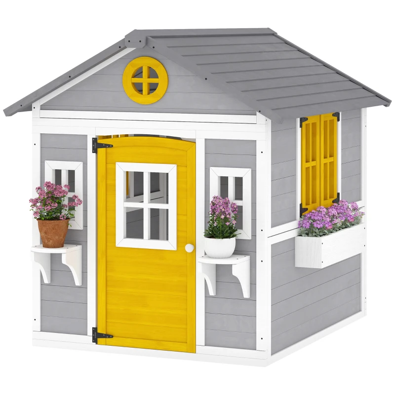 Outsunny Wooden Playhouse for Kids Outdoor with Door, Windows, Planter Pots and Boxes for Toddlers 3-8 Years, Grey