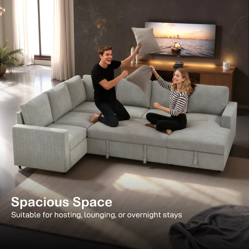 HOMCOM Pull Out Sofa Bed, Sleeper Sofa Couch with Hidden Storage, Chaise Lounge, Velvet Upholstery, U-Shaped Futon Couch