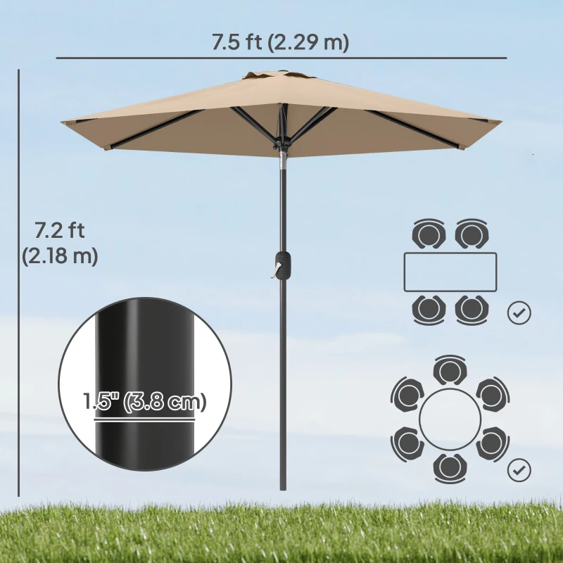 Outsunny Patio Sun Umbrella, Outdoor Parasol with 6 Ribs, Coffee