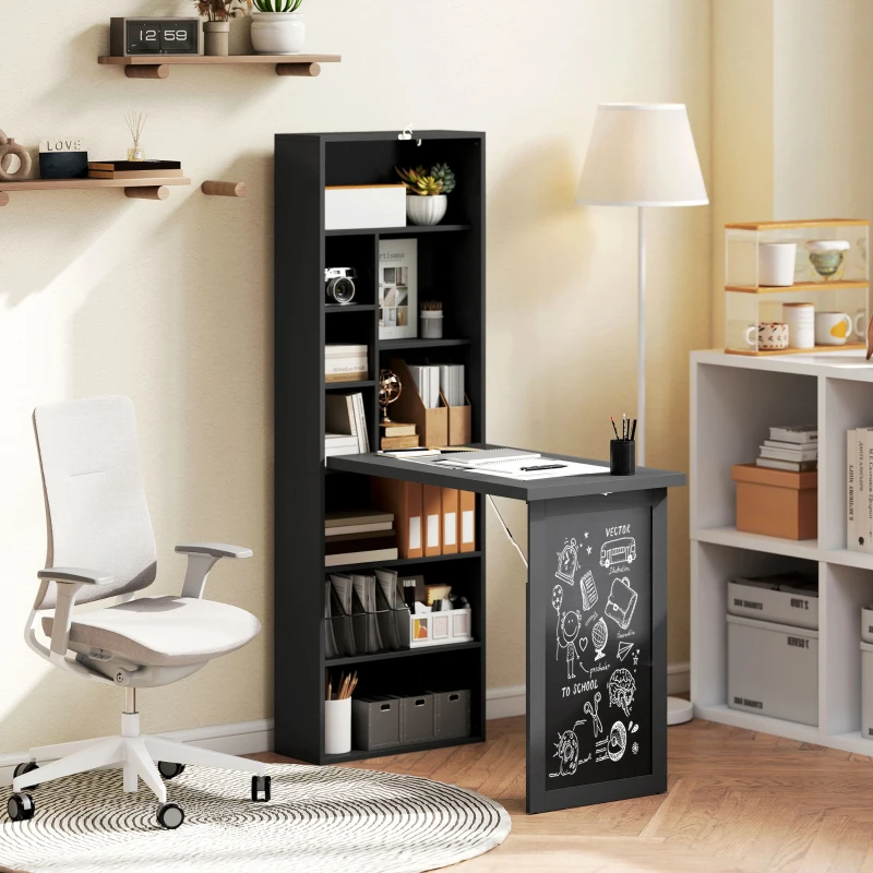 HOMCOM Fold-out Convertible Office Desk, Wall Mount Computer Desk with Blackboard and Side Shelf, Black