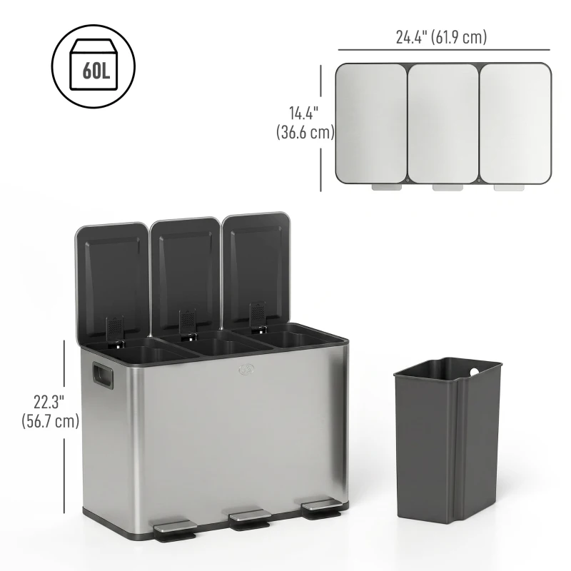 HOMCOM Garbage Bin, Soft-Close Trash Can with Foot Pedal, 3x5 Gallon (3x20 L) Garbage Can with Removable Inner Buckets, Silver