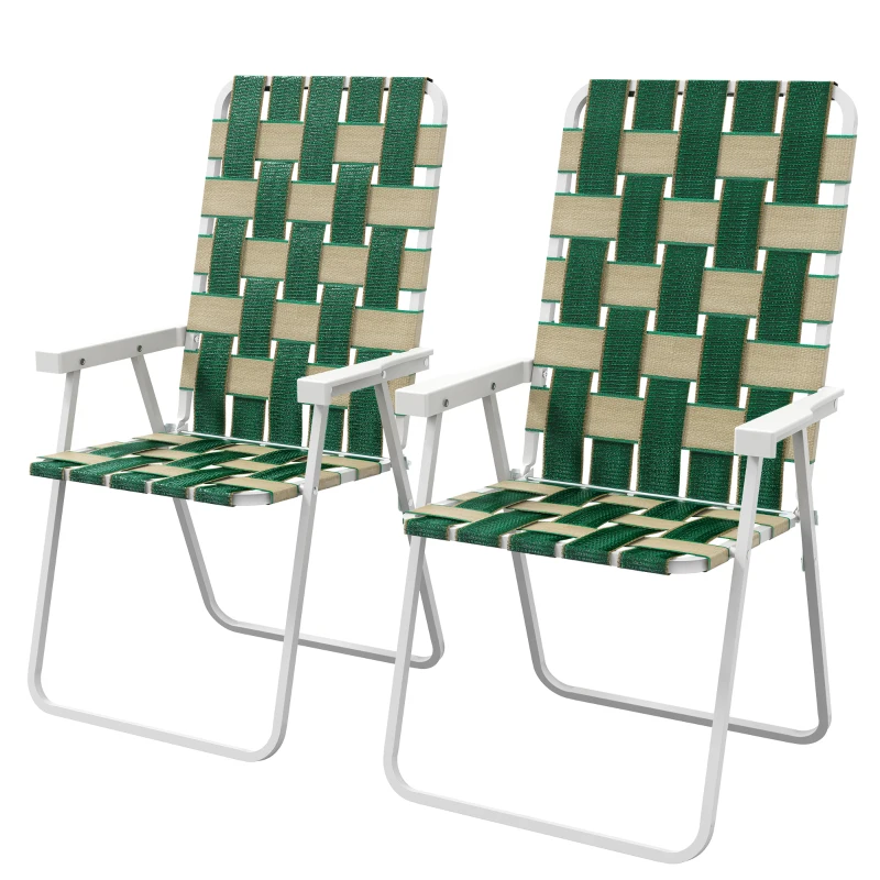 Outsunny Set of 2 Folding Patio Chairs, Portable Chair Set with Armrests for Camping, Garden, Pool, Beach, Backyard, Green