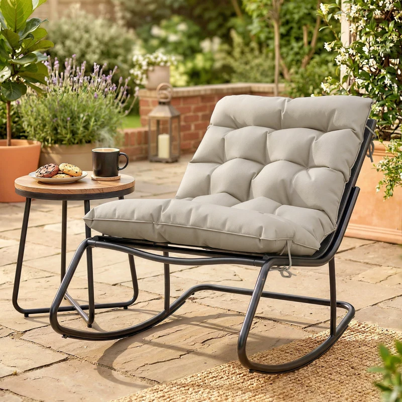 Outsunny Outdoor Rocking Chair, Oversized Rocking Patio Chair with 25" Extra Wide Mesh Seat and Cushion, Khaki