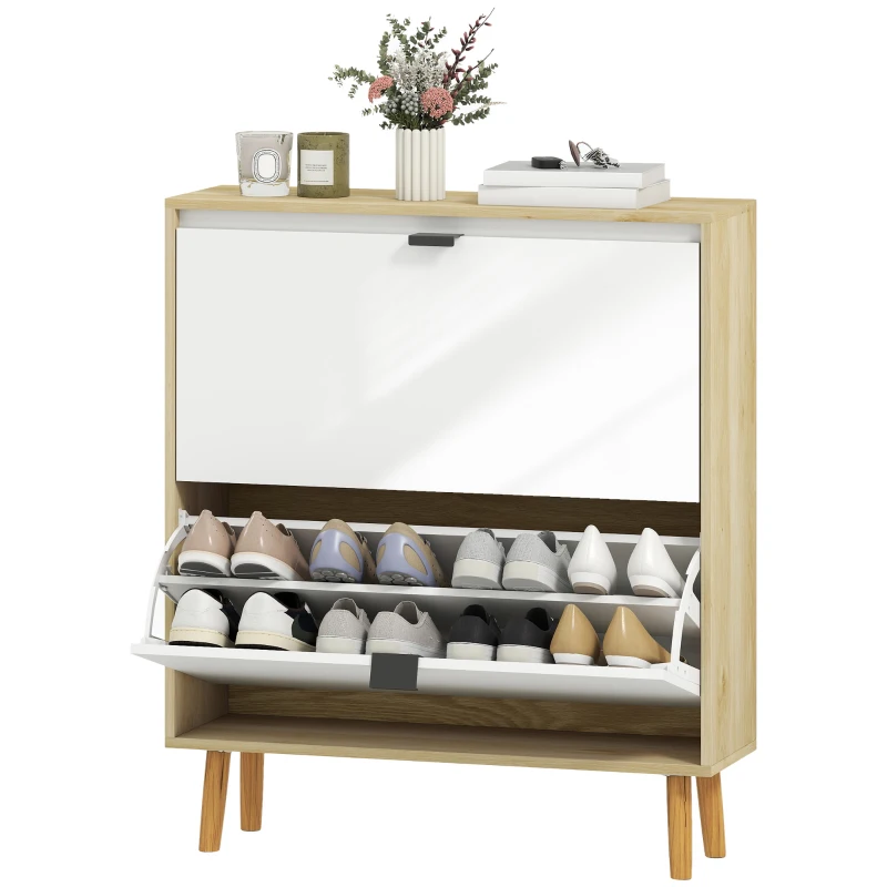 HOMCOM Narrow Shoe Cabinet, High Gloss Shoe Storage Cabinet with 2 Flip Drawers and Adjustable Shelves, Holds 16 Pairs, White