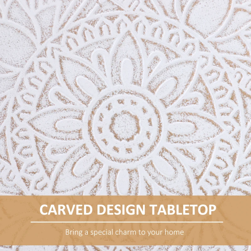 HOMCOM Round Coffee Table, Carved Floral End Table with Tray-style Top and Wooden Legs for Living Room
