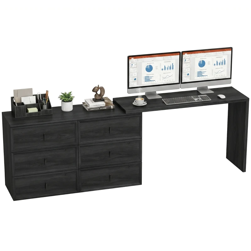 HOMCOM L Shaped Computer Desk Home Office Desk with 6 Drawers Black Wood Grain