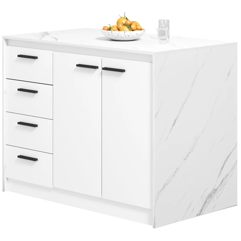 HOMCOM Kitchen Island with Storage Cabinet, 4 Drawers and Adjustable Shelf for Dining Room, Faux Marble Effect and White