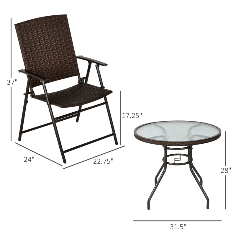 Outsunny Rattan Wicker Patio  Bar Chair Set UV Resistant Garden Furniture Set Outdoor & Indoor w/ Glass & Umbrella Hole Table, Brown