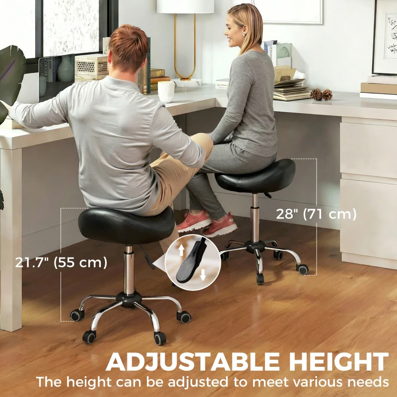 HOMCOM Ergonomic Saddle Stool with Wheels, Adjustable PU Leather Saddle Chair, 360° Swivel, NO Back Pain, Healthy Posture, Salon Chair for Massage Medical Home, Black