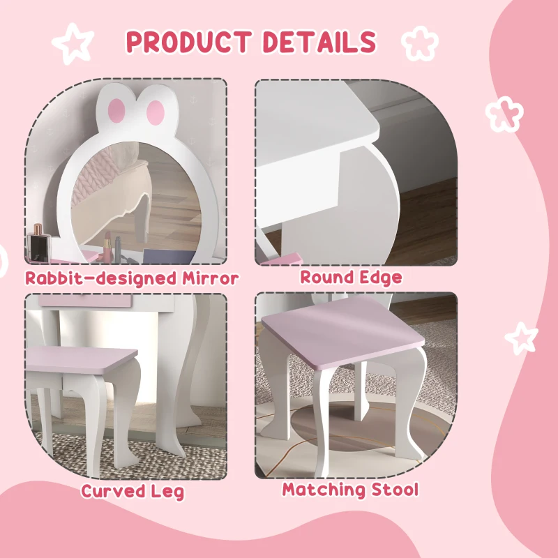 Qaba Kids Makeup Vanity Set with Stool, Mirror, Drawer, Storage Boxes, Rabbit Design, White