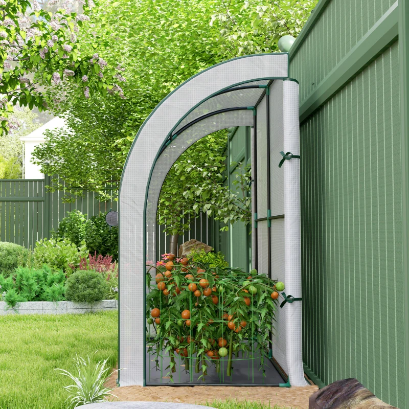 Outsunny Walk-in Lean-to Greenhouse, Outdoor Gardening Green House with Zipper Roll-up Doors and Window, 7' x 3' x 5', White