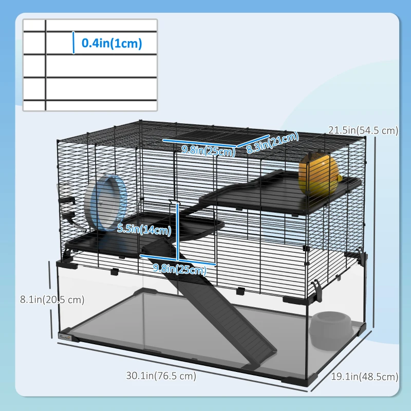PawHut Hamster Cage, Gerbil Cage with Glass Basin for Small Hamsters, Black