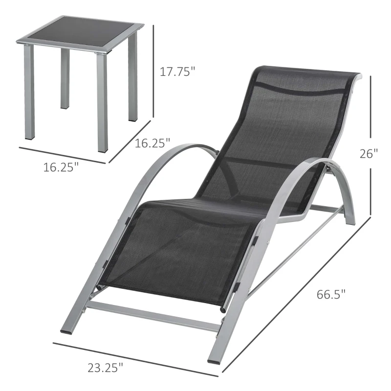 Outsunny 3 Pieces Outdoor Lounge Chair Set, 2 S-Shaped Lawn Chairs and a Glass Table for Patio, Yard, Black