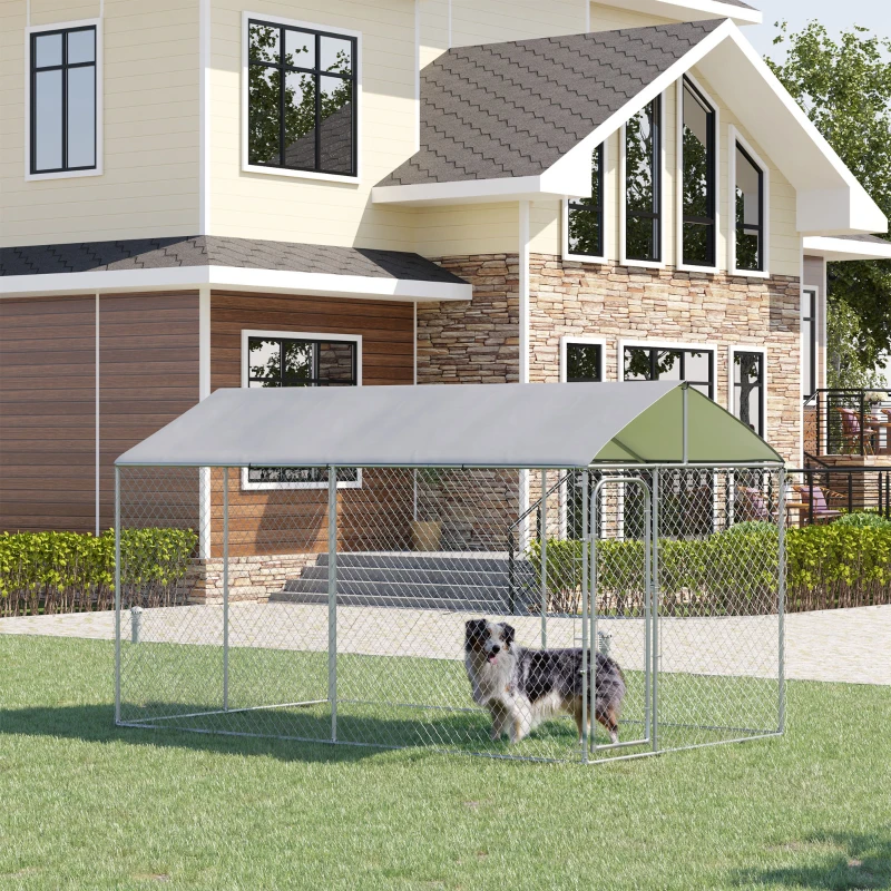 PawHut 13' x 7.5' x 7.5' Dog Kennel, Outdoor Dog Run with Waterproof, UV Resistant Roof, Lockable Door for Large-Sized Dogs, Silver