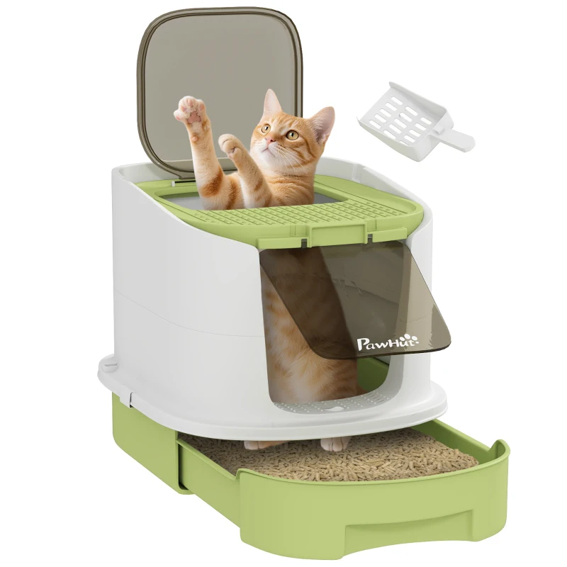 PawHut Enclosed Cat Litter Box with Lid, Scoop, Top Entry, Deodorization Bags, Drawer Type Cat Litter Tray, Easy to Clean, Green