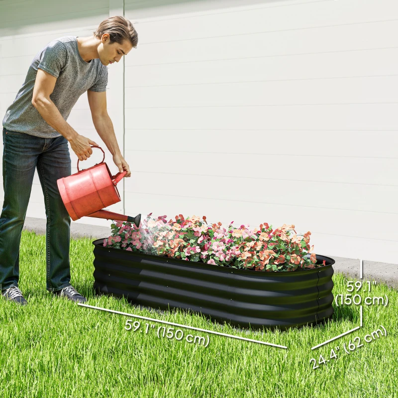 Outsunny 4.9' x 2' x 1' Large Outdoor Planter Box, Galvanized Raised Garden Bed with Metal Plant Stake, Black