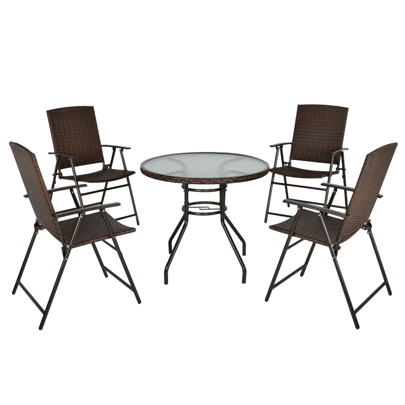 Outsunny Rattan Wicker Patio  Bar Chair Set UV Resistant Garden Furniture Set Outdoor & Indoor w/ Glass & Umbrella Hole Table, Brown