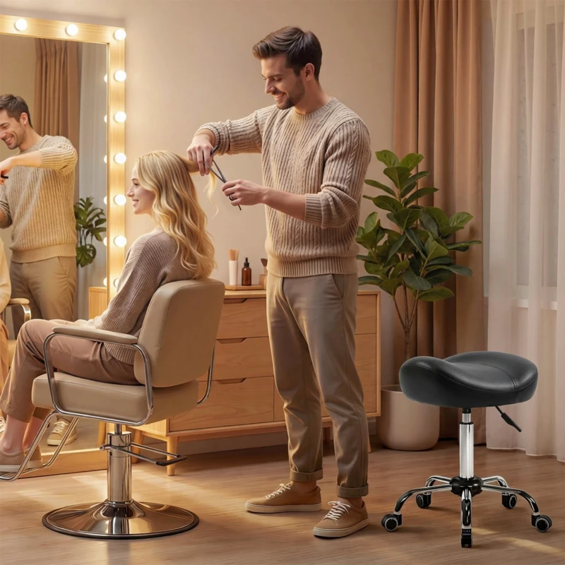 HOMCOM Ergonomic Saddle Stool with Wheels, Adjustable PU Leather Saddle Chair, 360° Swivel, NO Back Pain, Healthy Posture, Salon Chair for Massage Medical Home, Black