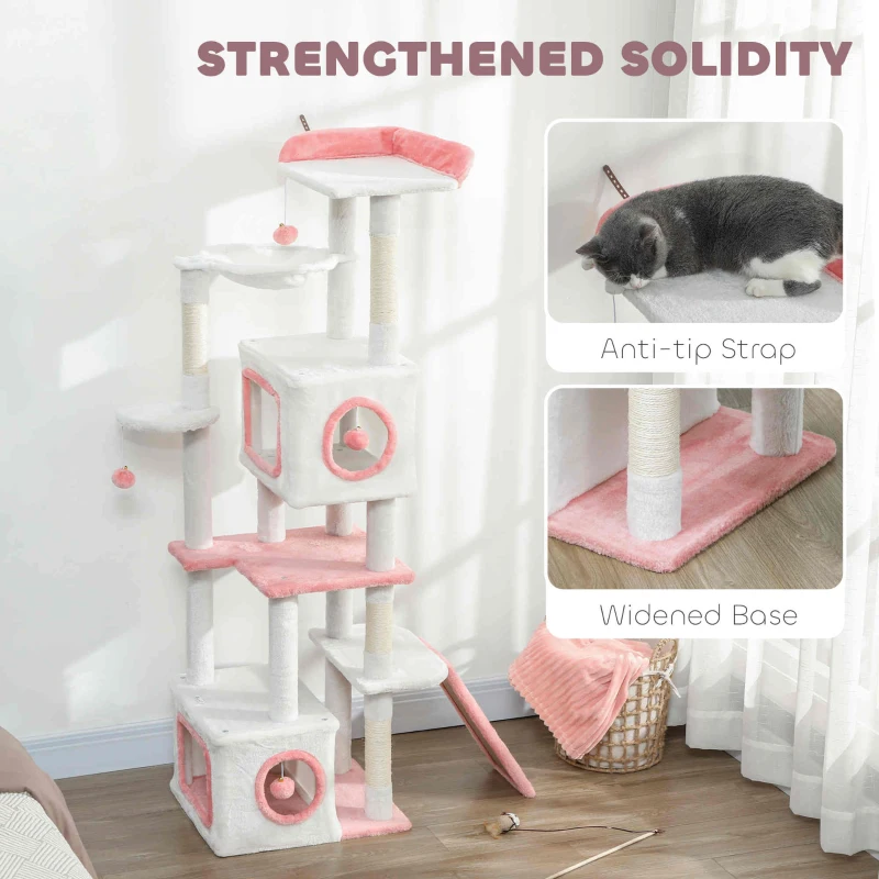 PawHut 65 Inch Cat Tree with 2 Doors Condos, Plush Top Perch, Hammock, Sisal Scratching Posts, 4 Pompoms, Ramp, White